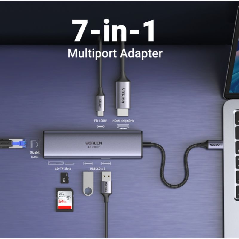 Multipuerto-Usb-C----1Hdmi-4K-60Hz---2Usb-3.0---Sd-Microsd---Rj45-Gigabit---Inusb-C-Pd-UGREEN-Cm512-Cables-Adaptadores-y-Hub