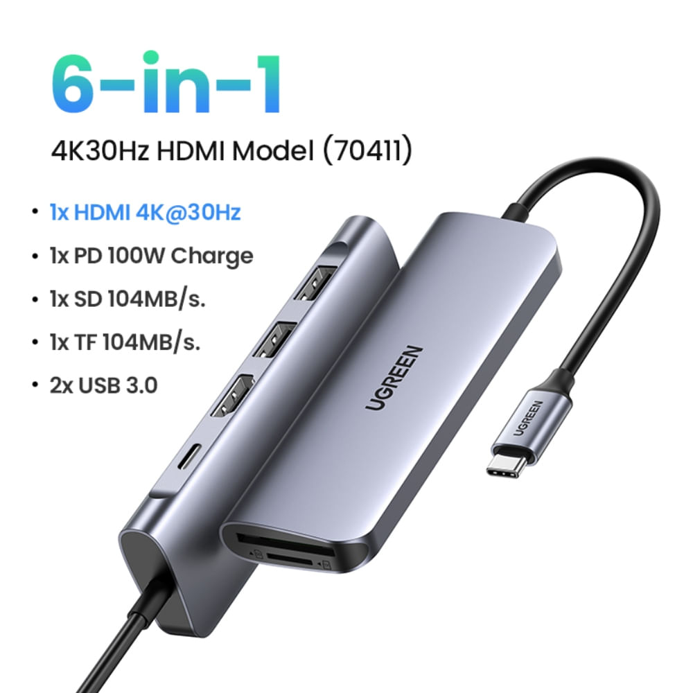 UGREEN MULTIPUERTO USB-C / (1HDMI 4K/30HZ)+(2USB 3.0)+(SD/MICROSD)+(INUSB-C PD)  CM195