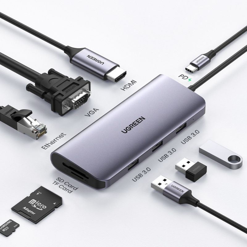 Multipuerto-Usb-C---Hdmi-Vga---3Usb-3.0---1In-Usb-C-Pd---Rj45-Giga---Sd-Microsd-UGREEN-Cm179-Cables-Adaptadores-y-Hub