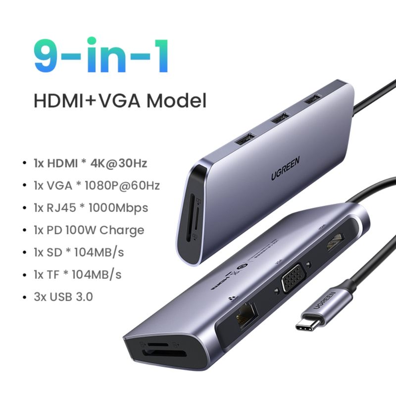 Multipuerto-Usb-C---Hdmi-Vga---3Usb-3.0---1In-Usb-C-Pd---Rj45-Giga---Sd-Microsd-UGREEN-Cm179-Cables-Adaptadores-y-Hub