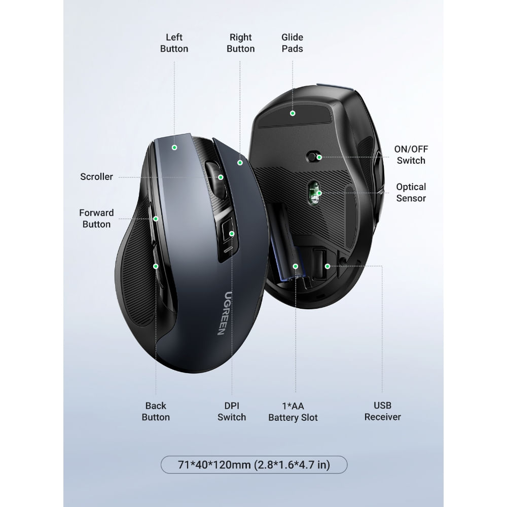 UGREEN MOUSE INALAMBRICO 2.4GHZ ERGONOMICO NEGRO MU006