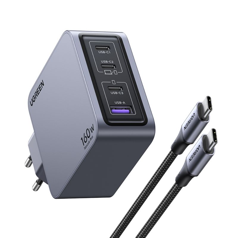 UGREEN-CARGADOR-GAN-TECH-FAST-SLIM-160W-3-USB-C---1-USB-A ---CABLE-USB-C-USB-C -1.5M-240W-MAX-X763