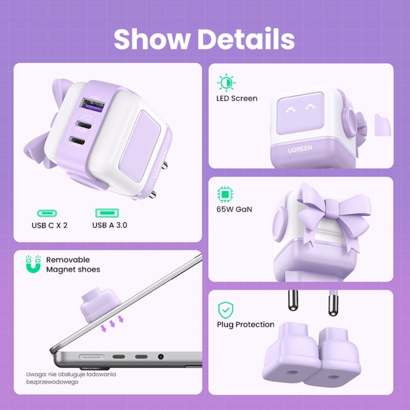 UGREEN-ROBOT-GAN-TECH-CARGADOR-65W-1-USB-A---2-USB-C-PURPURA-CD361