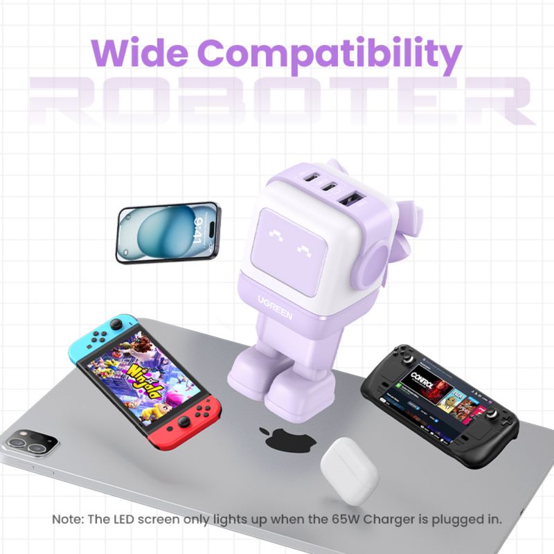 UGREEN-ROBOT-GAN-TECH-CARGADOR-65W-1-USB-A---2-USB-C-PURPURA-CD361
