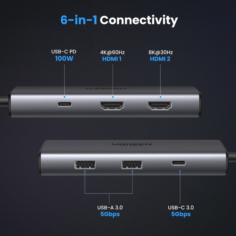 UGREEN-MULTIPUERTO-USB-C----2-HDMI-8K30HZ---3USB-3.0---INUSB-C-PD-CM498