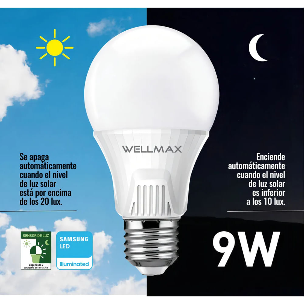 WELLMAX AMPOLLETA LED SENSOR CREPUSCULAR 9W BLANCO CALIDO | smartstore.cl